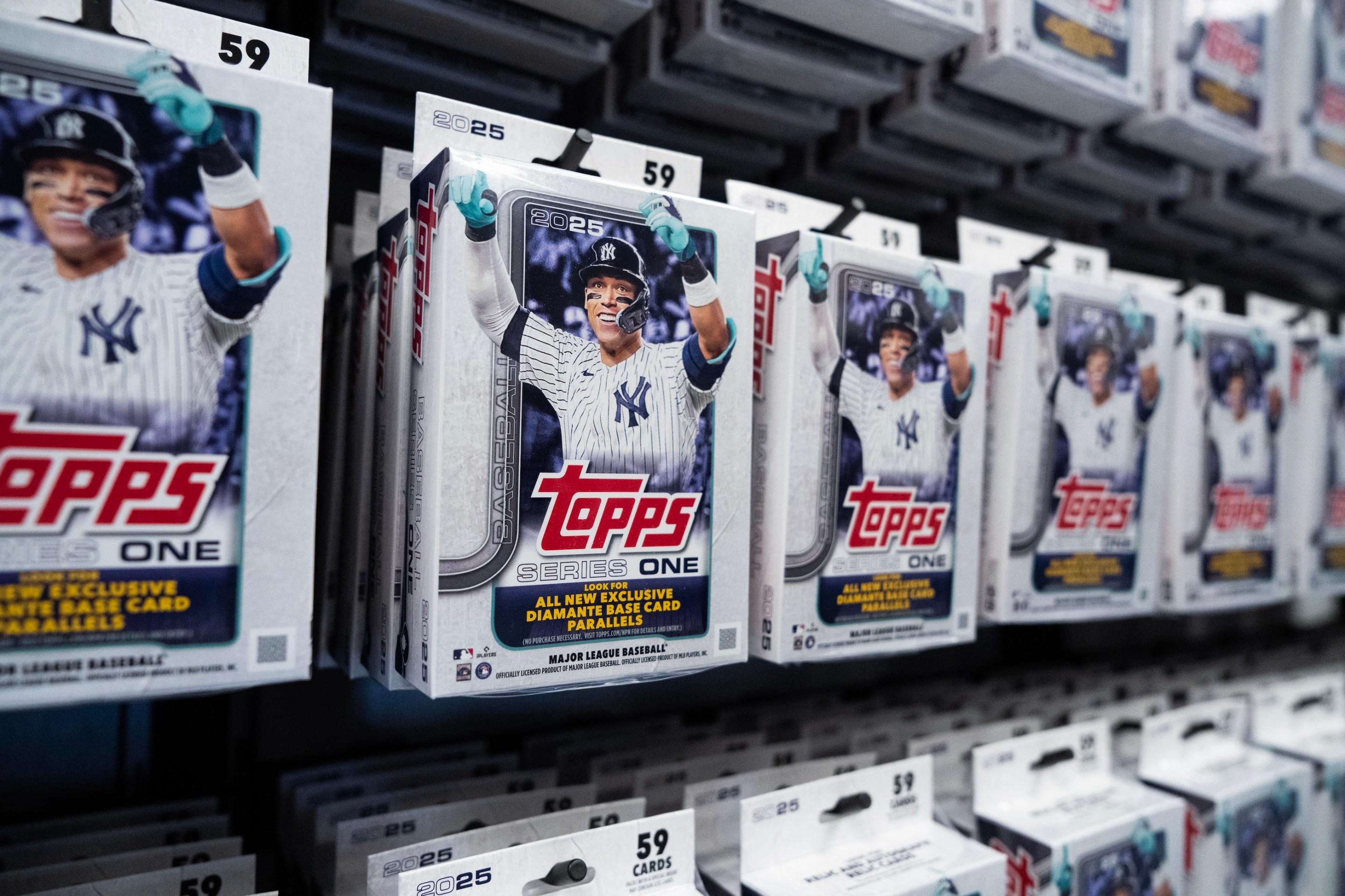 Topps baseball cards featuring the Yankees’ Aaron Judge, are seen during the Washington Nationals media preview day at Nationals Park on Friday, March 21, 2025.